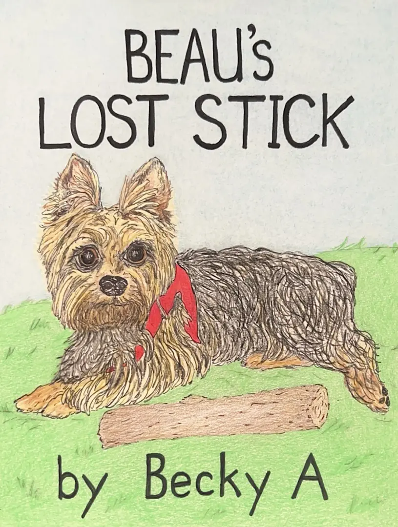 Illustration of a dog named Beau with his stick.